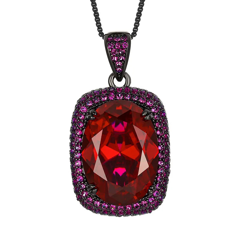 Gemfiori Luxury Vintage Gothic Royal Blue Sapphire Jewelry Set Black Gold Plated Cushion Cut Blue Gem Halo Pendant Necklace Earrings Ring