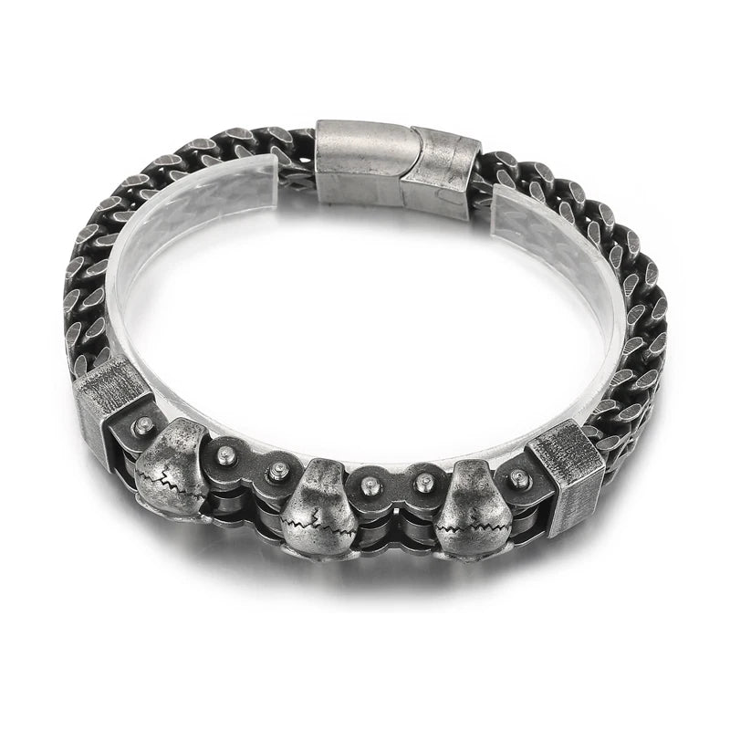 KALEN 220mm Punk Triple Skull Charms Stainless Steel Herringbone Chain Bracelets for Men