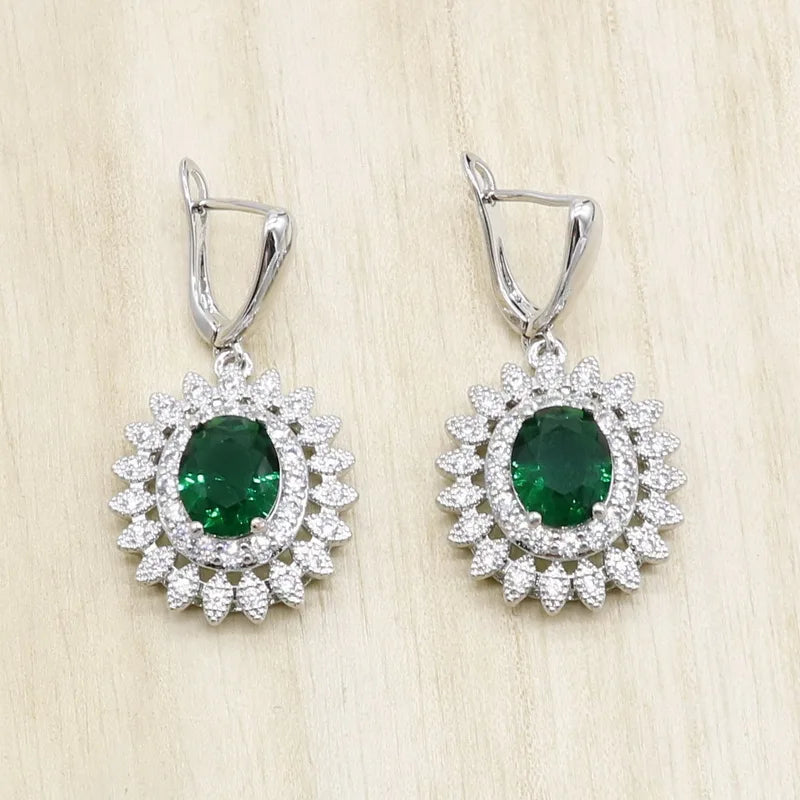 Green Blue Semi-precious Silver Jewelry Sets for Women Necklace Earrings Bracelet Wedding Bridal Jewelry