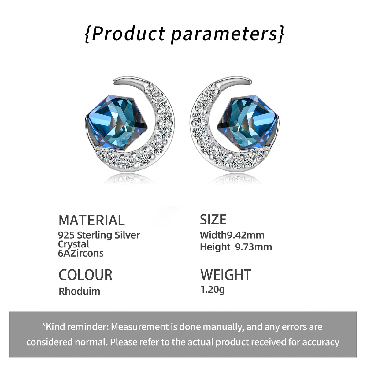 ArtistA OEM ODM 925 Sterling Silver Blue Austrian Crystal Moon Jewelry Set Necklace Stud Earrings for Women Anniversary Wedding Gift