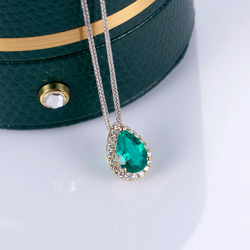 Messi Jewelry MSN-636 18K Lab Grown Emerald Pendant Pear Design Pendant for Party/Women