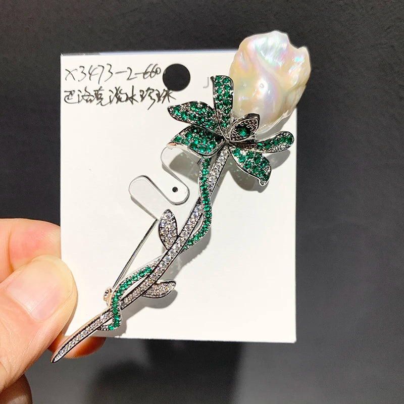 Clearance Sale 18K Gold Plated Copper Zircon Baroque Freshwater Pearl Rose Brooch Engagement Gift for Children's