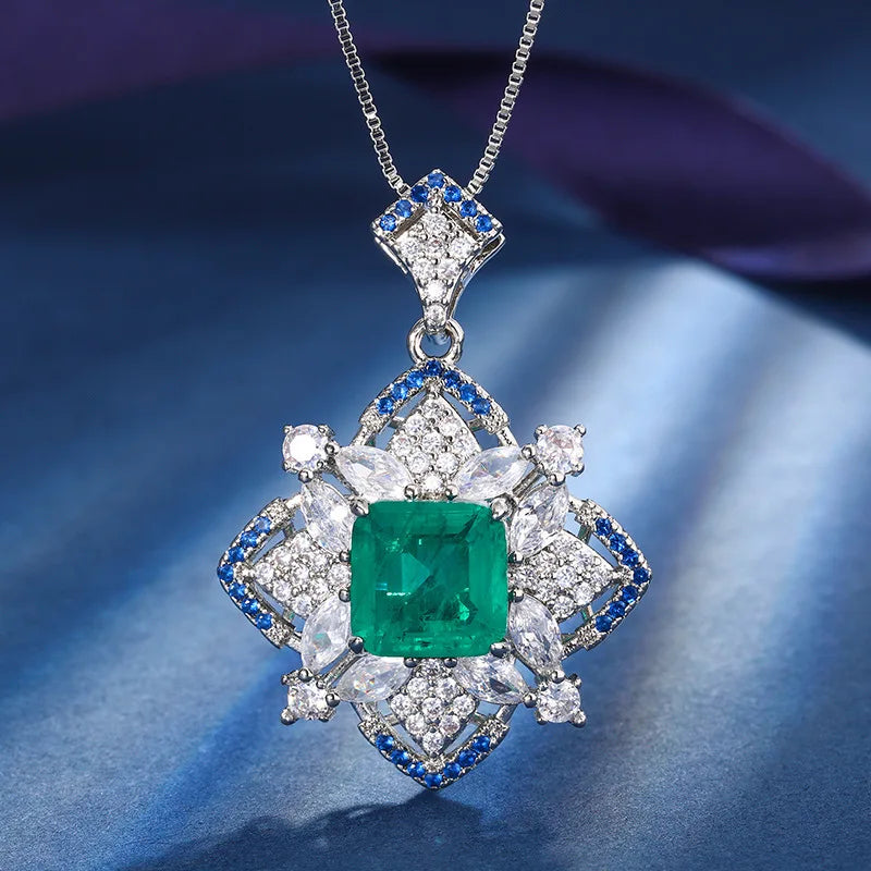 Gemfiori New Design Emerald Zircon Pendant Earrings Ring Light Luxury Niche High-end Feeling Sweet Temperament Set of Accessories