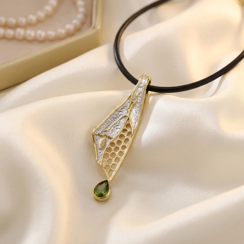 Handmade Rhodium & 18K Gold Plated Sterling Silver Pendant Jewelry with Peridot in Bezel Setting for Women