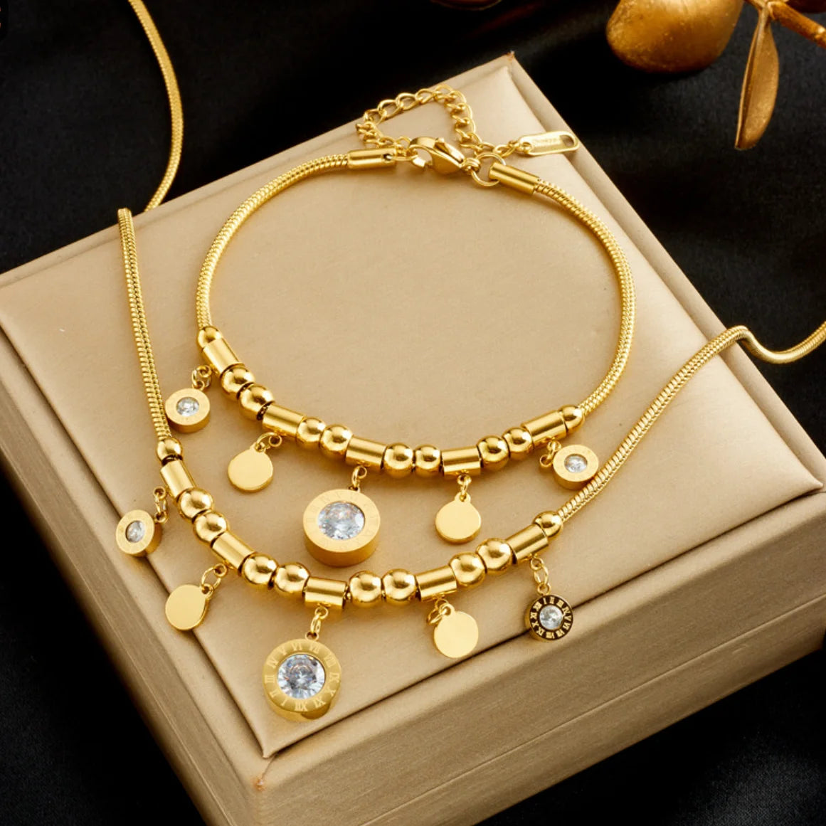 Gold Clear Crystal Choker Necklace & Bracelet Jewellery Set | Sparkling Luxury Fashion Set