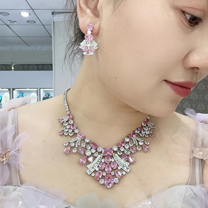 Brass Material High-end Customized Yellow Powder Zircon Dress Jewelry Women's Banquet Jewelry Collar Necklace Earrings Ring Set