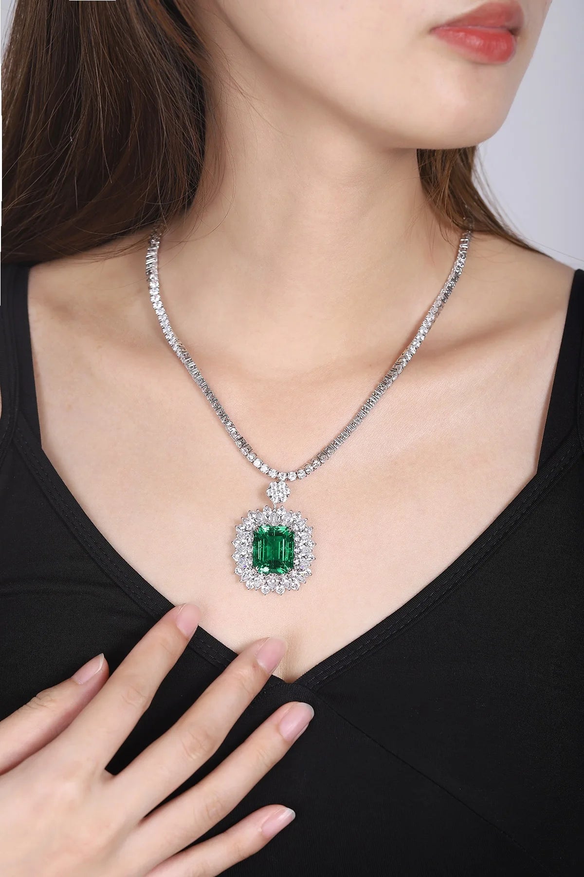 Gemfiori Anster Luxury Necklace S925 Lab Grown Emerald Necklace for Women 16/17/18inches Length Party Engagement Pendant Necklace