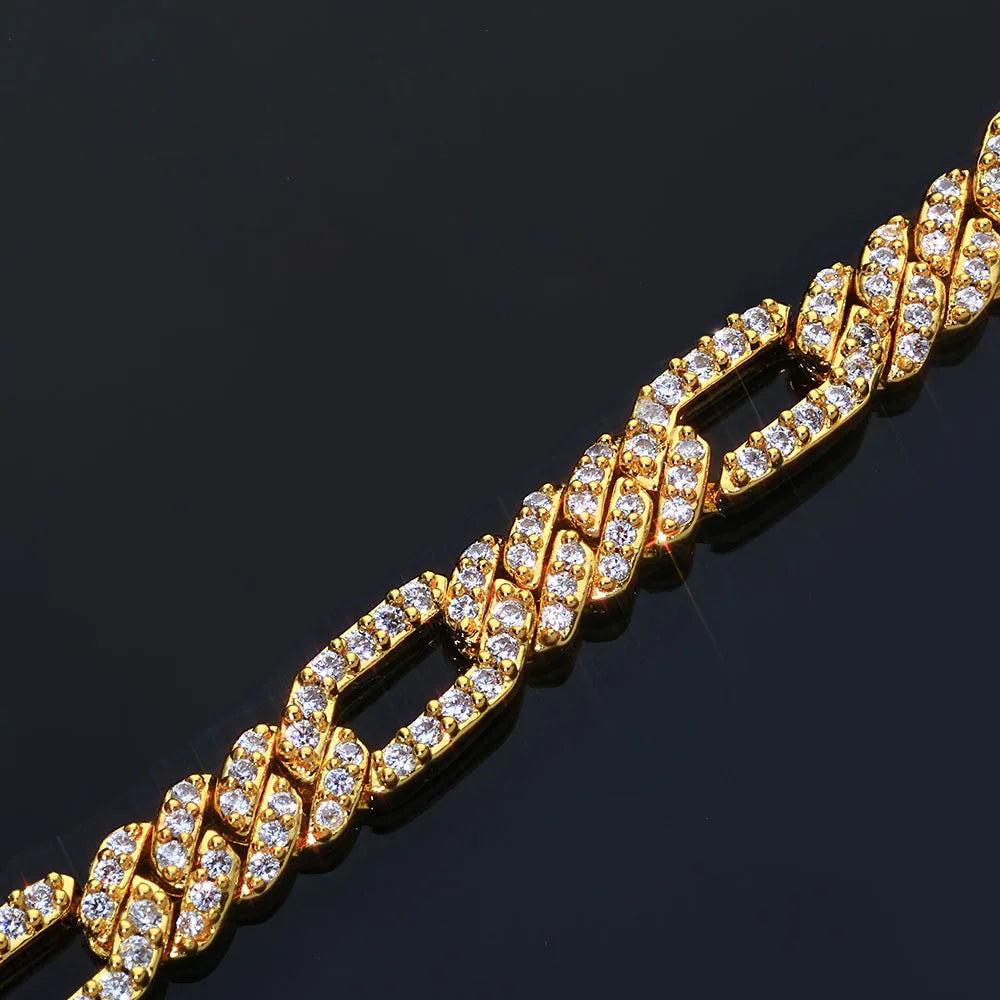 BiG-BOSS NUOYA New Arrival 7mm Figaro Necklace Iced Out Cubic Zirconia Stones Cuban Link Style Hip Hop Chain Jewelry