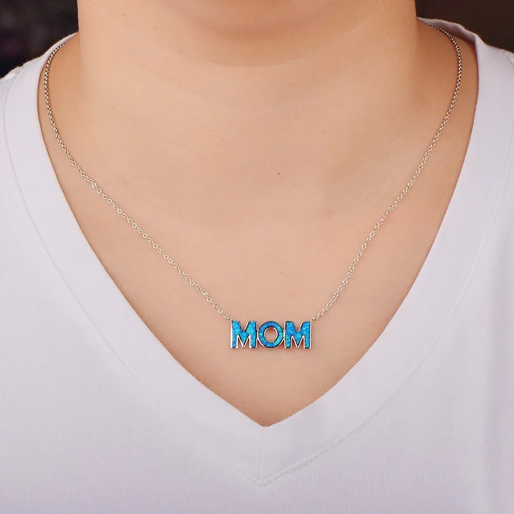 Aobao Mother's Day Series Christian Copper Sweater Chain Blue MOM Pendant Opal Necklace