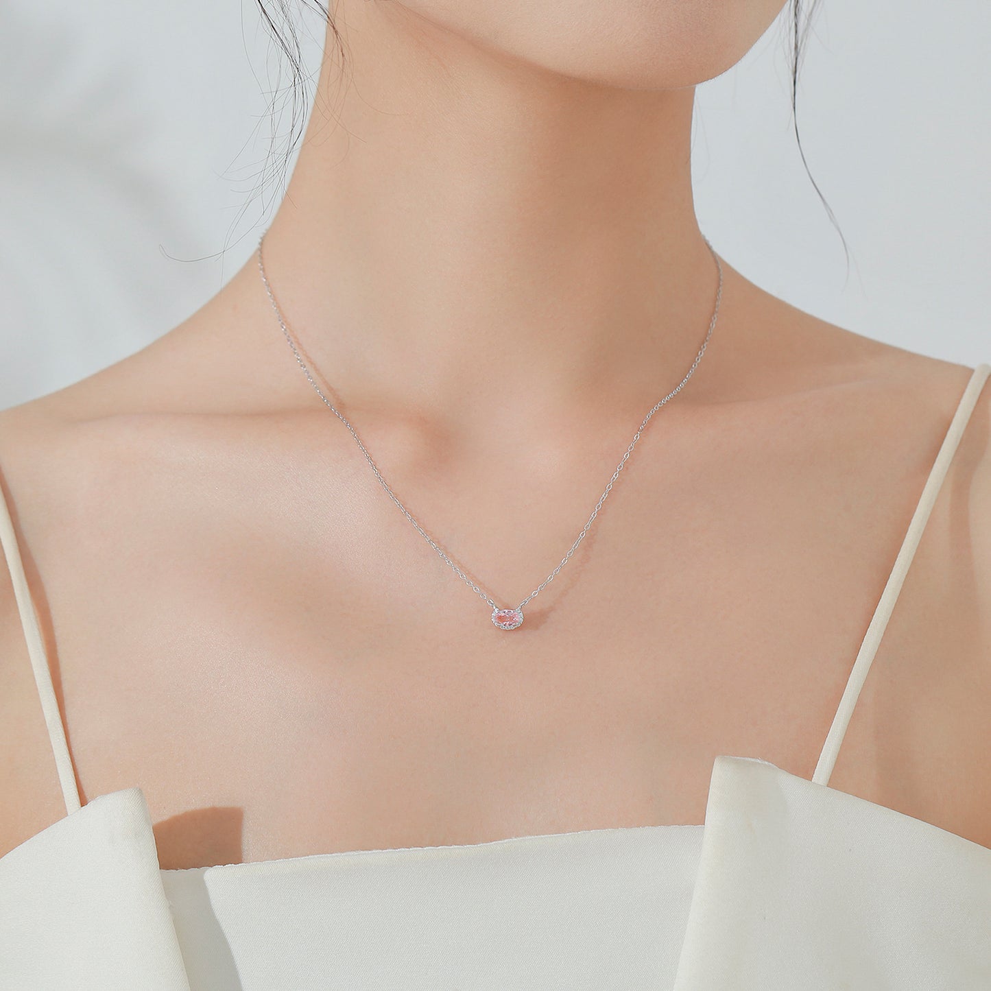 New 925 Sterling Silver Pink Collarbone Chain Earrings Fashion Sweet Fresh Jewelry Set Gift Set