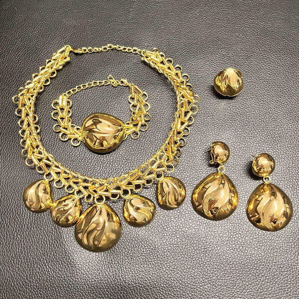 Luxury Brazilian Gold Jewelry Set Necklace Bracelet Earrings Ring Four-Piece Sets Leaves Water Droplets Wedding Jewellery Set