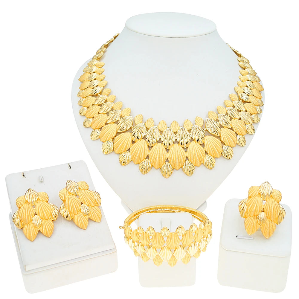 Zhuerrui Gold Plated Fan Leaf Texture Jewelry Set 4pcs Women Necklace Earrings Bracelet Ring for Wedding Evening Party I0073