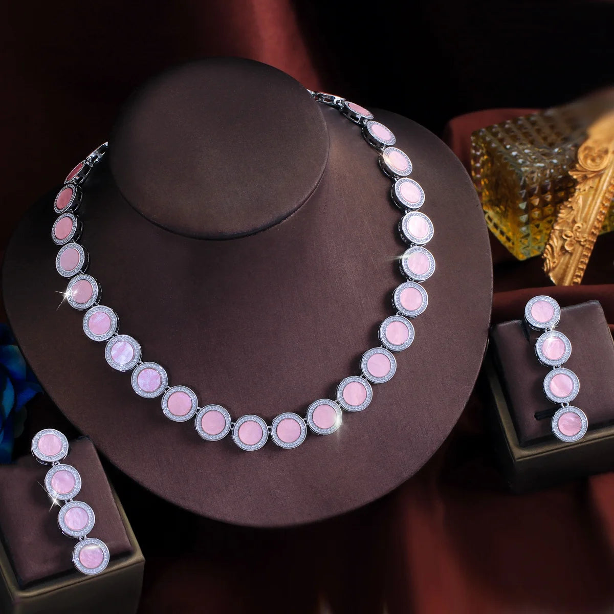 S&S Pink Round CZ Vintage Statement Necklace & Earrings Set – Silver Plated – Collection