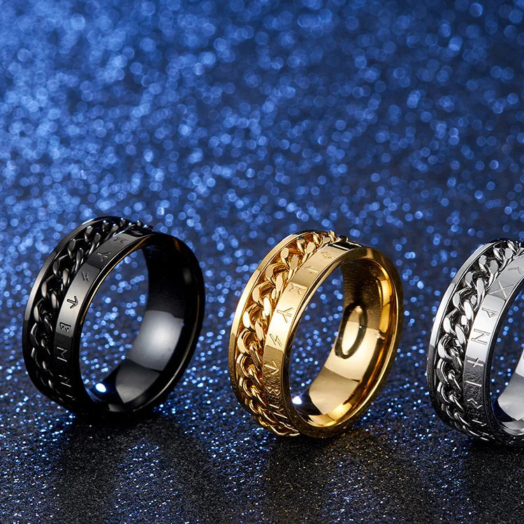 REBEL OAHLAN Fashion Jewelry 8mm Rotating Viking Script Chain Stainless Steel Rings for Men Wedding Engagement Party