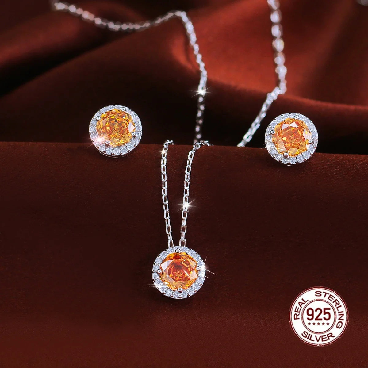 Luxurious S925 Silver Champagne Rose Flower Cut Cubic Zircon Round Design Necklace and Earring Jewelry Set for Girls Party Gifts