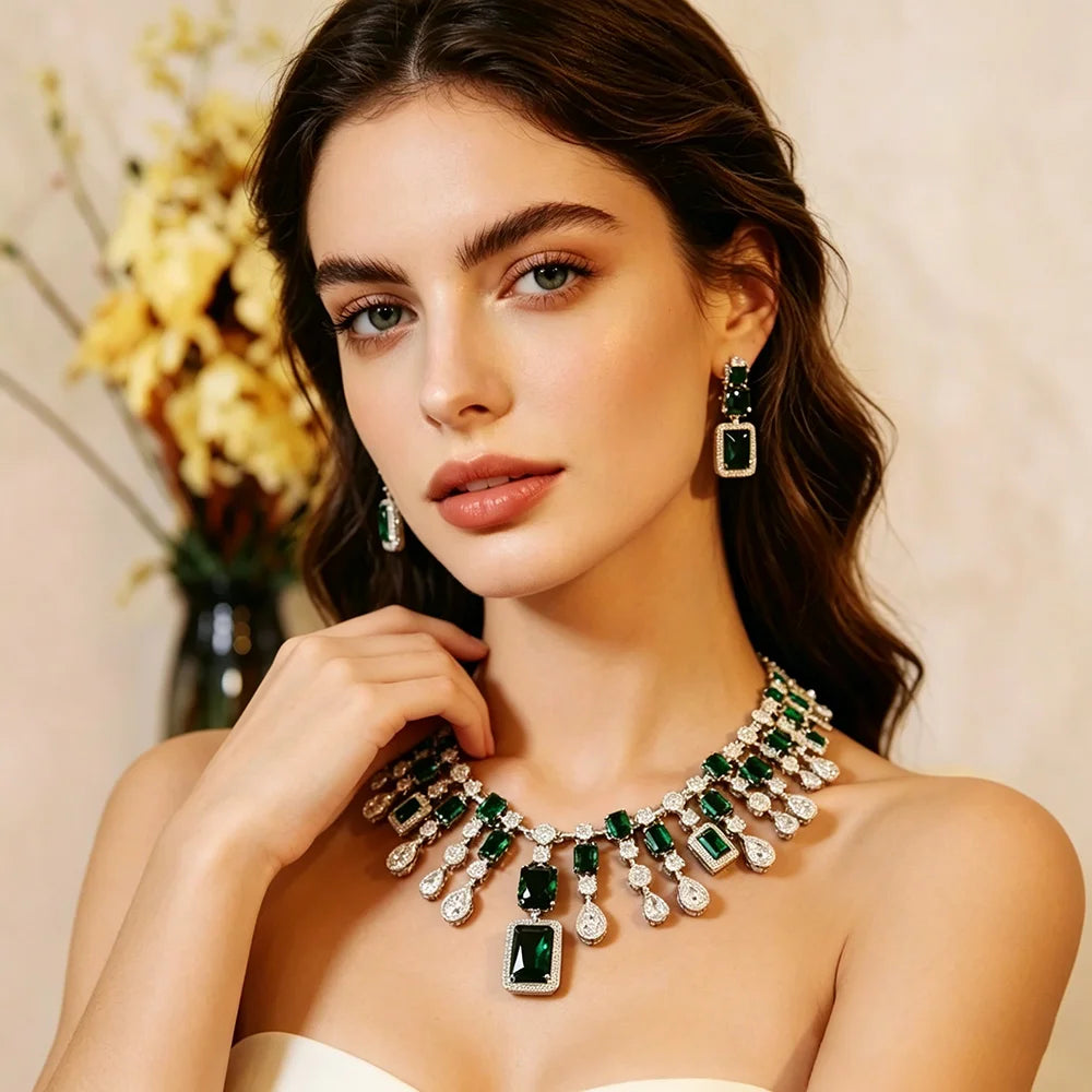 Luxury Cushion-Cut Zirconia Flower Statement Necklace & Drop Earrings Set — Silver Plated
