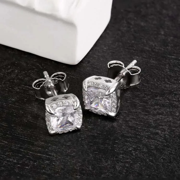 REDheart 7mm Blue Men Earrings 14K White Gold Plated 925 Sterling Silver Square Cubic Zirconia Simulated Diamond Halo Stud Earrings