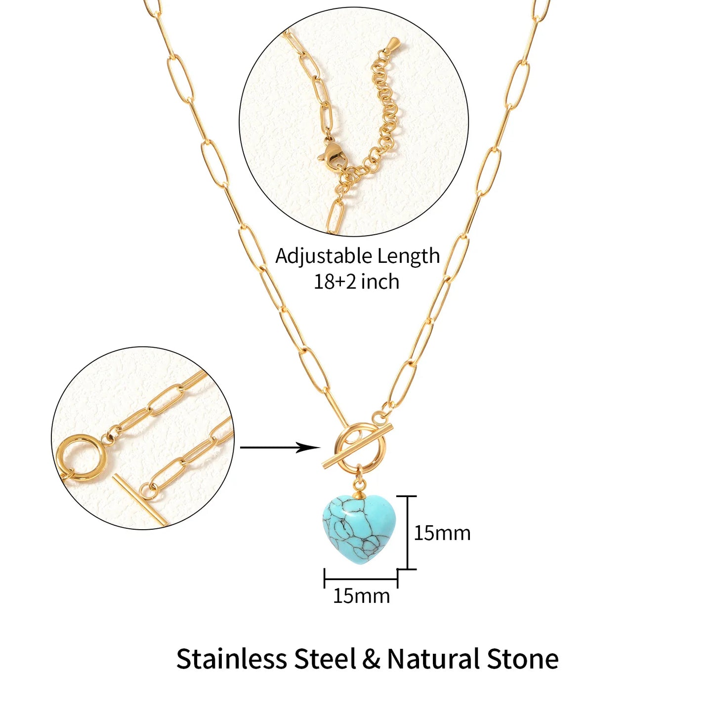 Natural Stone Stainless Steel Heart Pendant Necklace Necklace