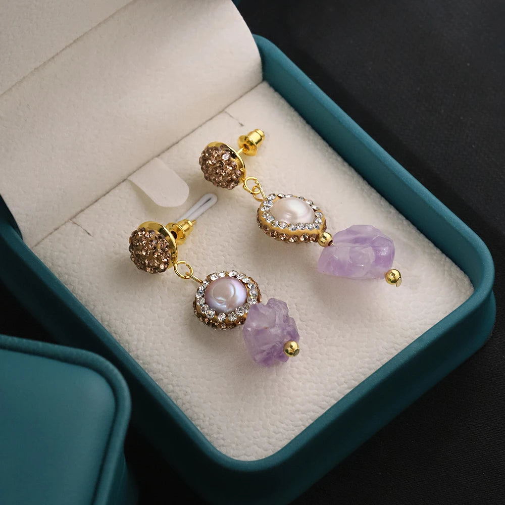 Natural Baroque Pearl Amethyst Pendant Earrings for Women Korean Classic Vintage Fashion Jewelry Stud Earrings GE1604
