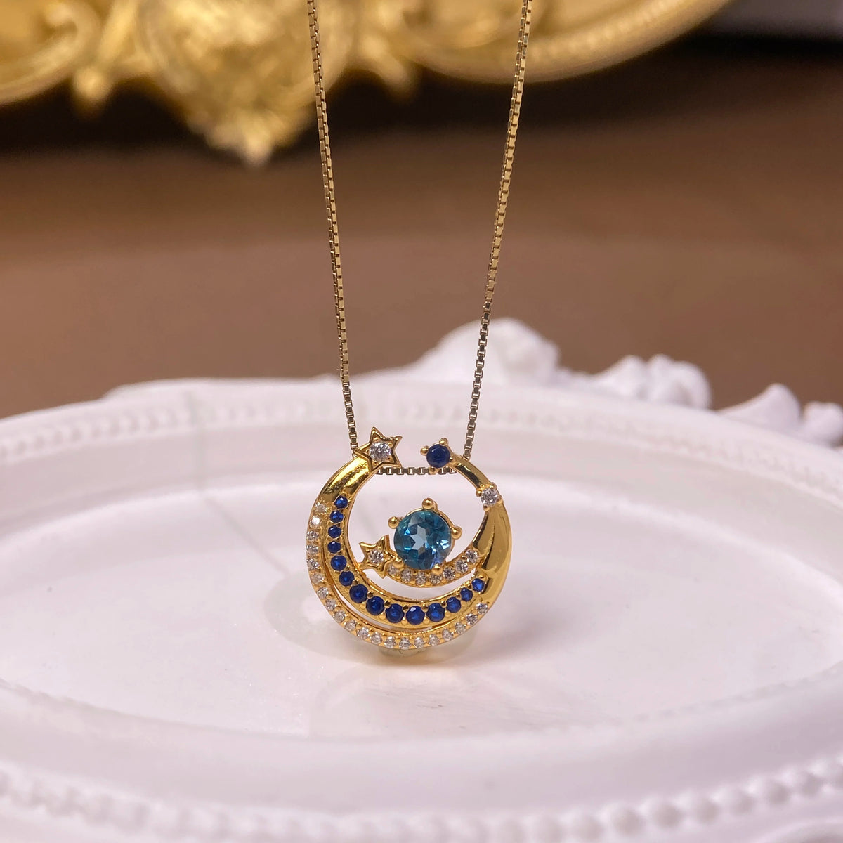 Gioiellieri Luxury Natural Sky Blue Crystal Necklace Round Fireworks Cut S925 Sterling Silver Gold Plated Rhodium Plated Charm Pendant Gift
