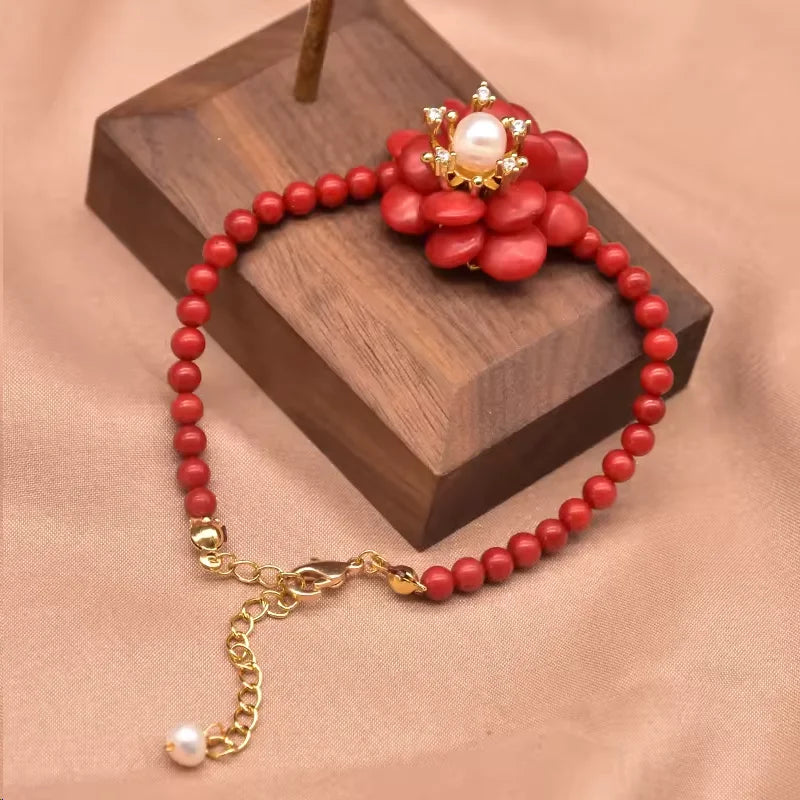 Red Coral Natural Pearls Fashion Accessories Set Fine Woman Ring Earrings Necklace Luxury Customized Jewelry Wedding