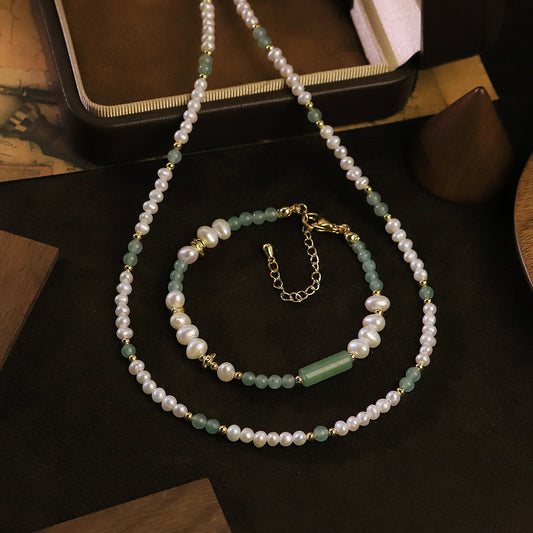 GLSEEVO Natural Freshwater Pearl & Green Aventurine Necklace & Bracelet Set — Bohemian Beaded Jewellery