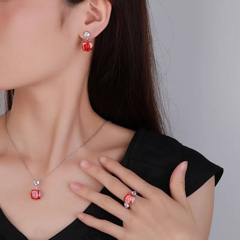 Gemfiori European and American Light Luxury Inlaid square Red Zircon Sugar Pendant Ring Earring Set Bride Wedding Accessories