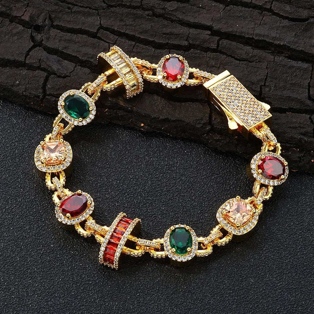 FASHIONISTA Hip Hop Style Colorful Gemstone Bracelet Sparkling Zircon Chain Unisex Gold Plated Brass Charm Bracelet Fashion for Men Women