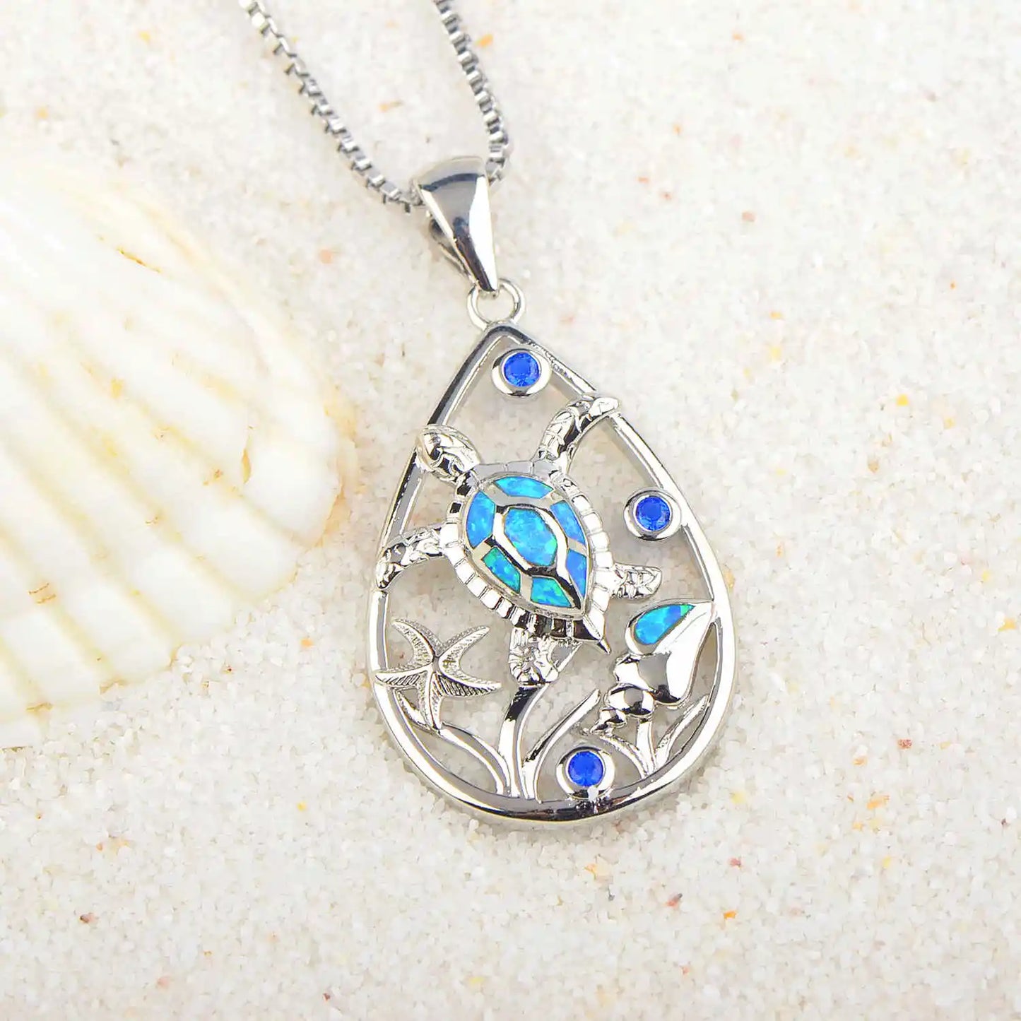 sea turtle Silver Plated Copper Alloy Opal Lariat Necklace for Women Aobao