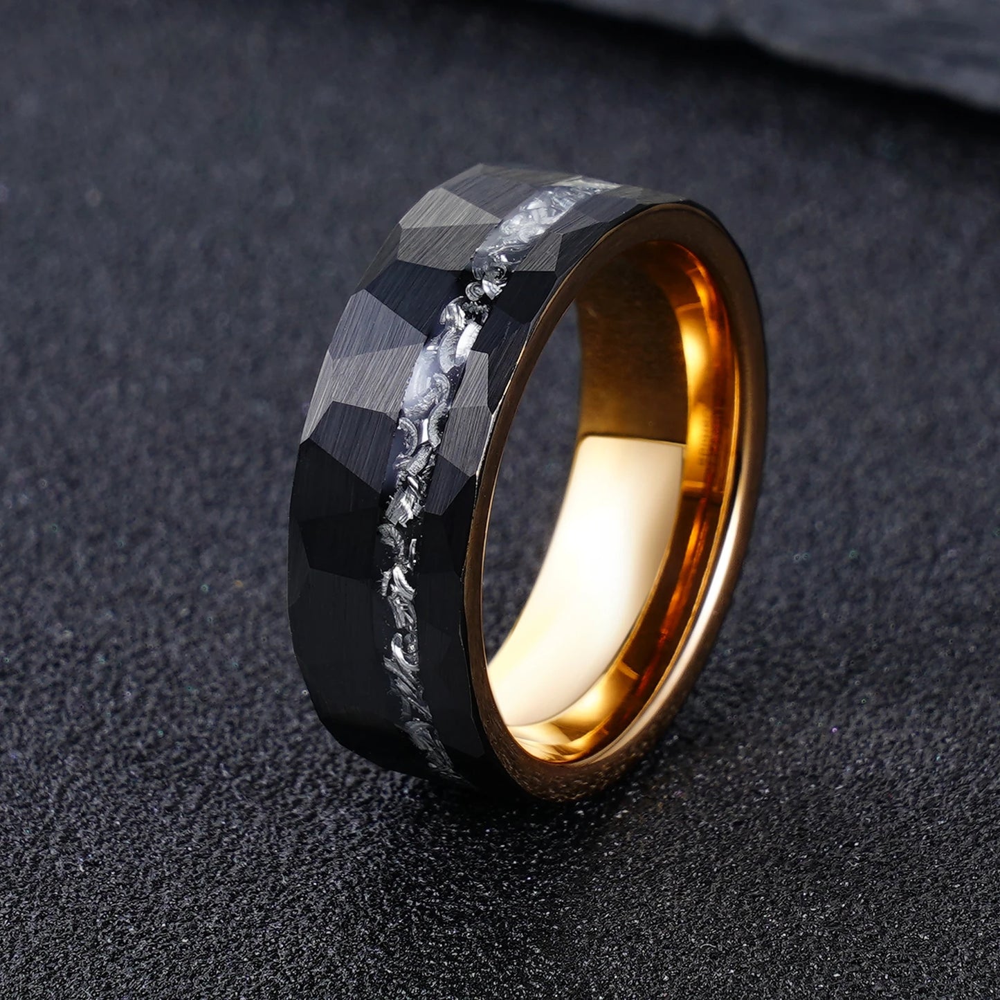 Tungsten Carbide Ring 8mm Black Brushed Geometric Pattern with Gold Inner Rim Scratch-Resistant Iron Shavings Men's Wedding Ring