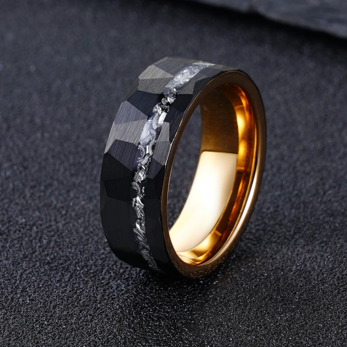 Tungsten Carbide Ring 8mm Black Brushed Geometric Pattern with Gold Inner Rim Scratch-Resistant Iron Shavings Men's Wedding Ring