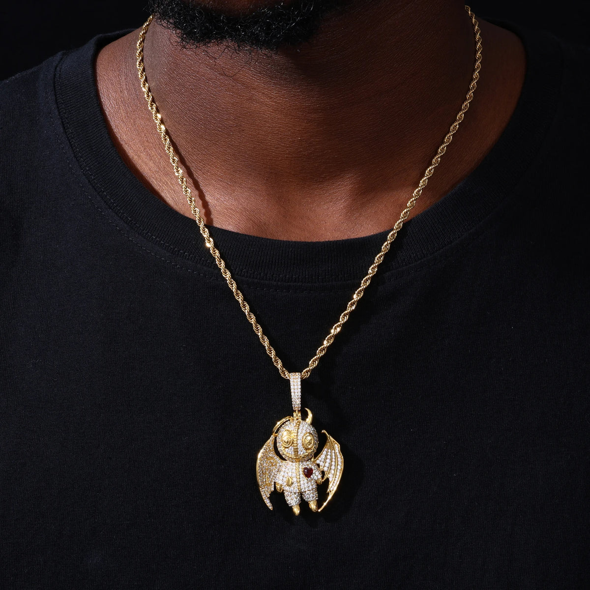 Punk Style Hip Hop Jewelry Gold Plated Brass AAAAA CZ Diamond Iced Out Kindness and Evil Demon Pendant Fashion Mens Necklace