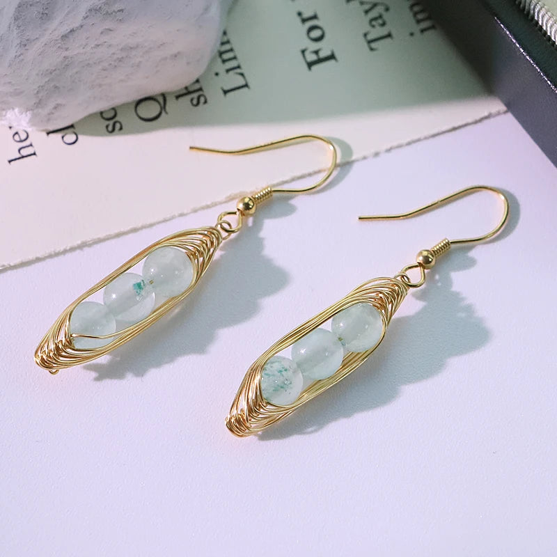 Natural Stone Four Seasons Bean Aquamarine Pendant Earrings 18k Electroplated Design Earrings Women's Jewelry GE0880C