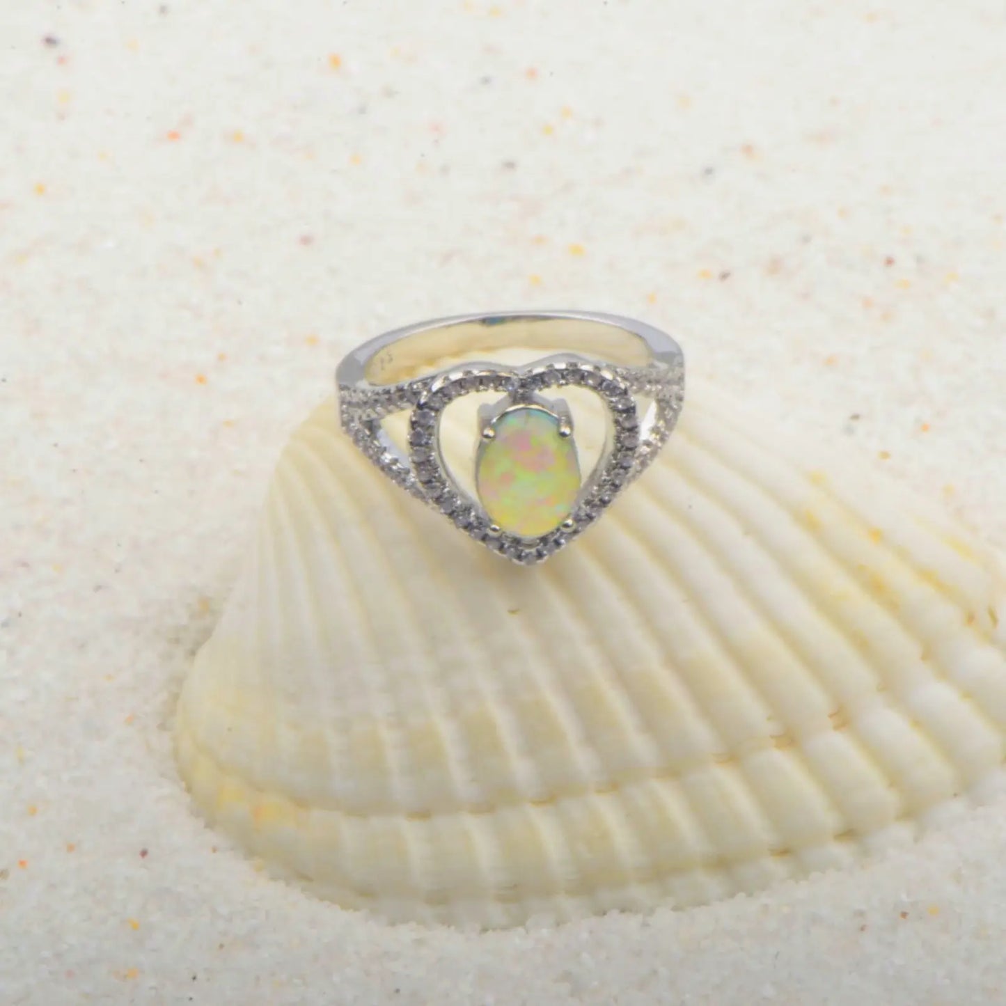 Elegant Double-Heart Opal Promise Ring - Iridescent Opal & CZ Paved Band | Romantic Daily Jewelry Bulk Gifts