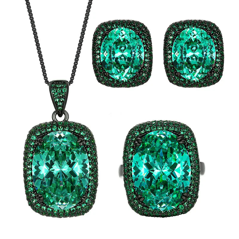 Gemfiori Luxury Vintage Gothic Royal Blue Sapphire Jewelry Set Black Gold Plated Cushion Cut Blue Gem Halo Pendant Necklace Earrings Ring