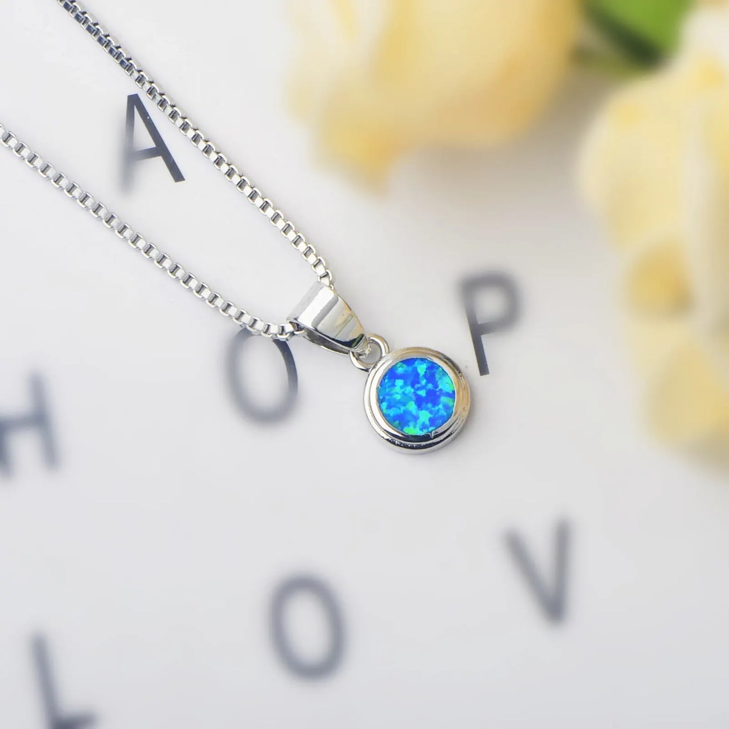 Aobao Women's Christian Copper Silver Plated Geometric Pendant Necklace with Lab Created Opal Sweater Chain-Gift for Her