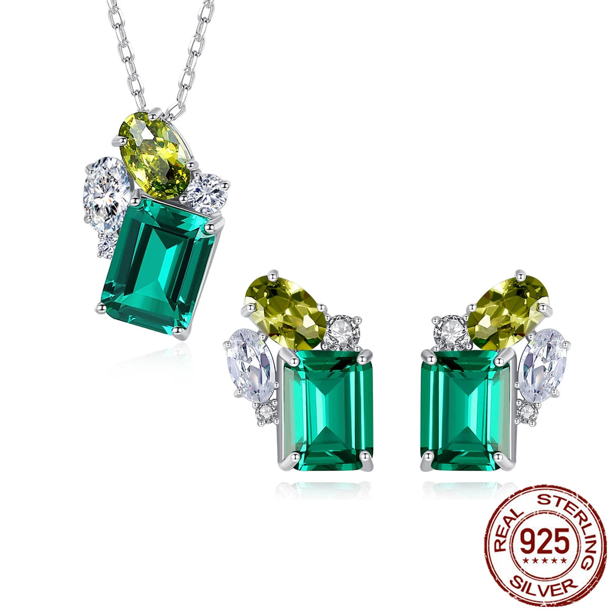 925 Sterling Silver Jewelry Set Green Baguette Cubic Zirconia Pendant Necklace Stud Earrings Jewelry Set for Women Girl Party