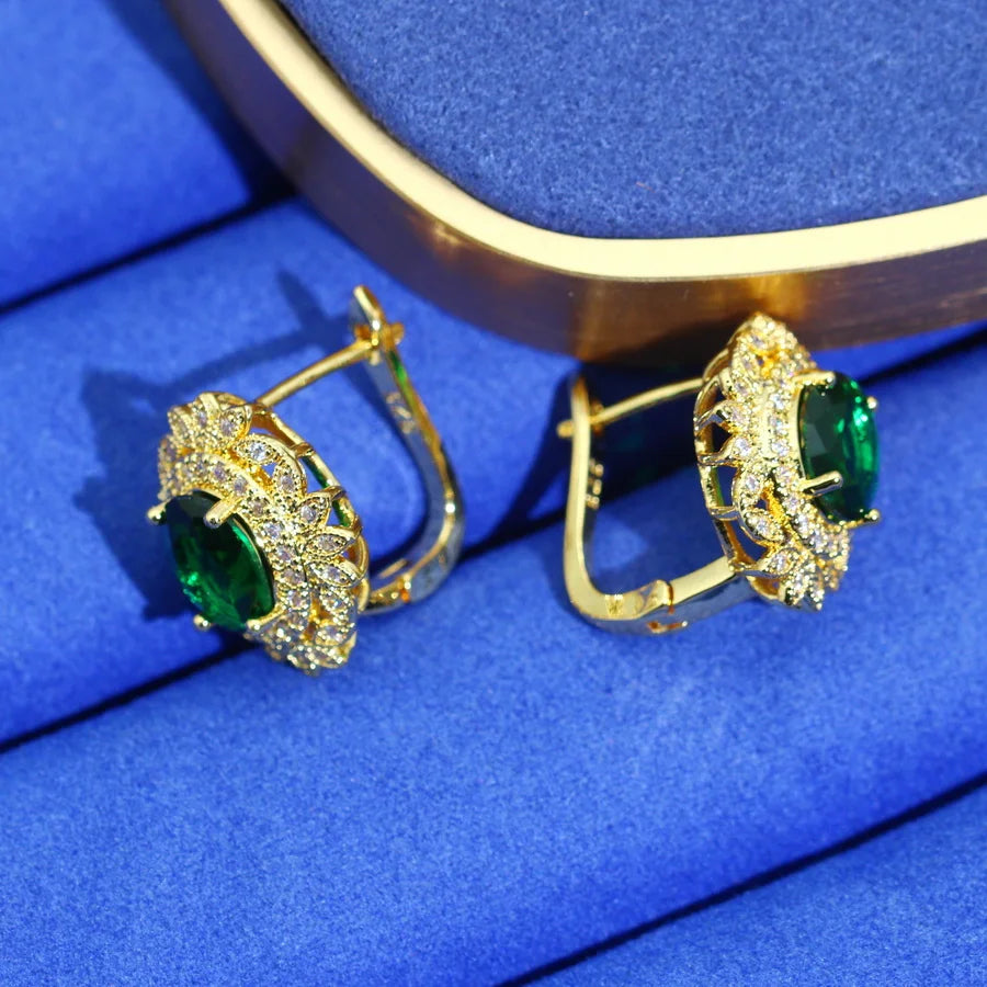 XOTICA Women's Gold Plated Classic Style Jewelry Set with Green Zircon Includes Earrings Necklace Pendant Ring for Wedding or Party