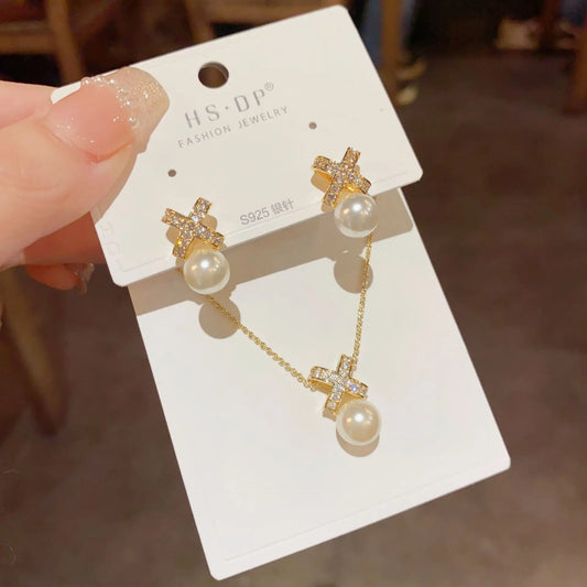 Top Quality Fashion Exquisite Zircon Necklace and Earrings Set with Pearl Classic Real Gold Plated Jewelry Set for Women