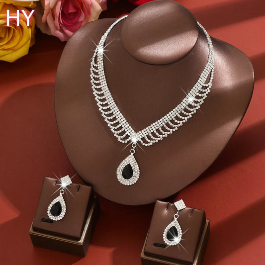 HY   Wedding Jewelry Sets Shiny Rhinestone Tassel Earrings V-shaped Waterdrop Pendant Necklaces for Women Set