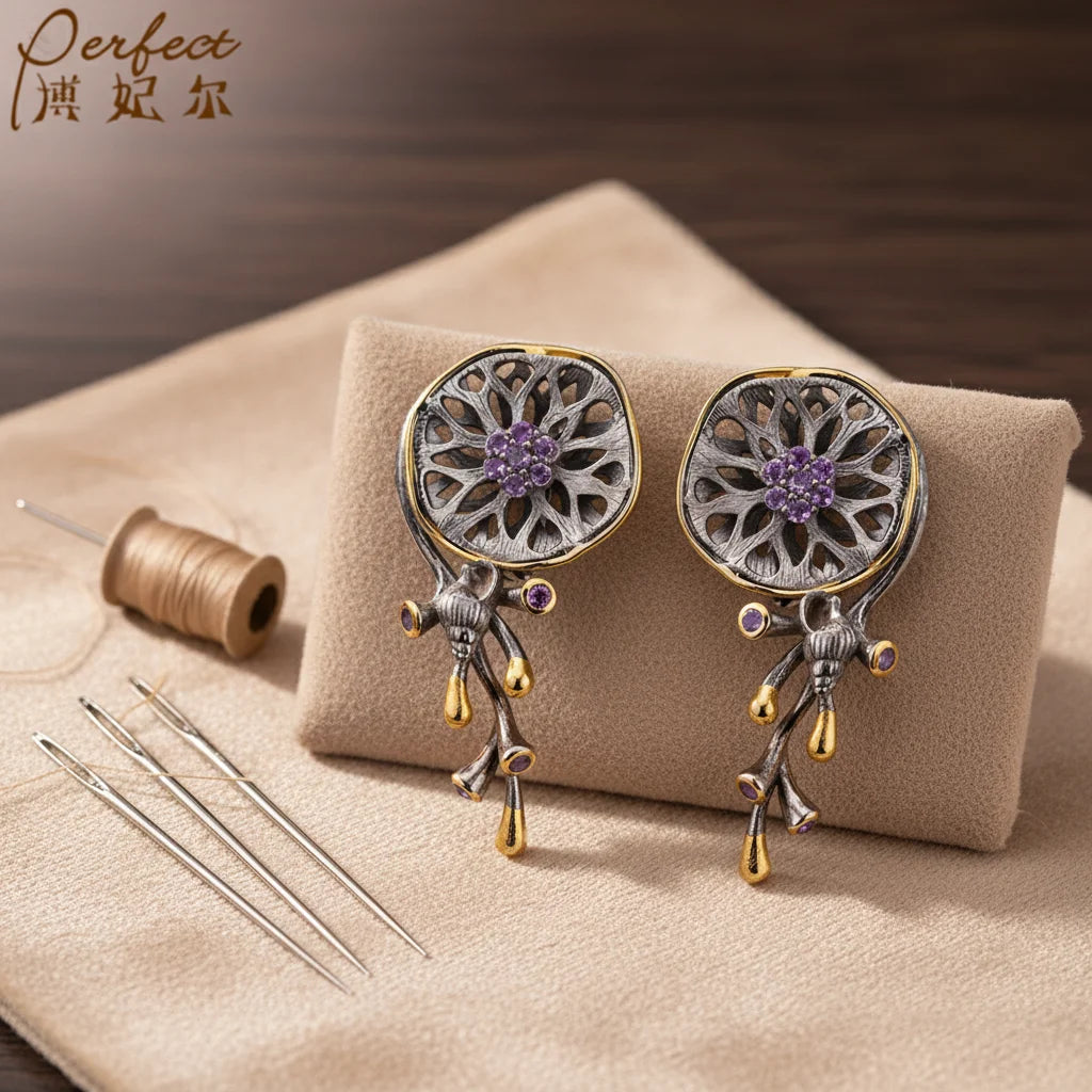 Latest Saudi Gold  Amethyst 925 Sterling Silver Ladies Earrings with Gold Plated