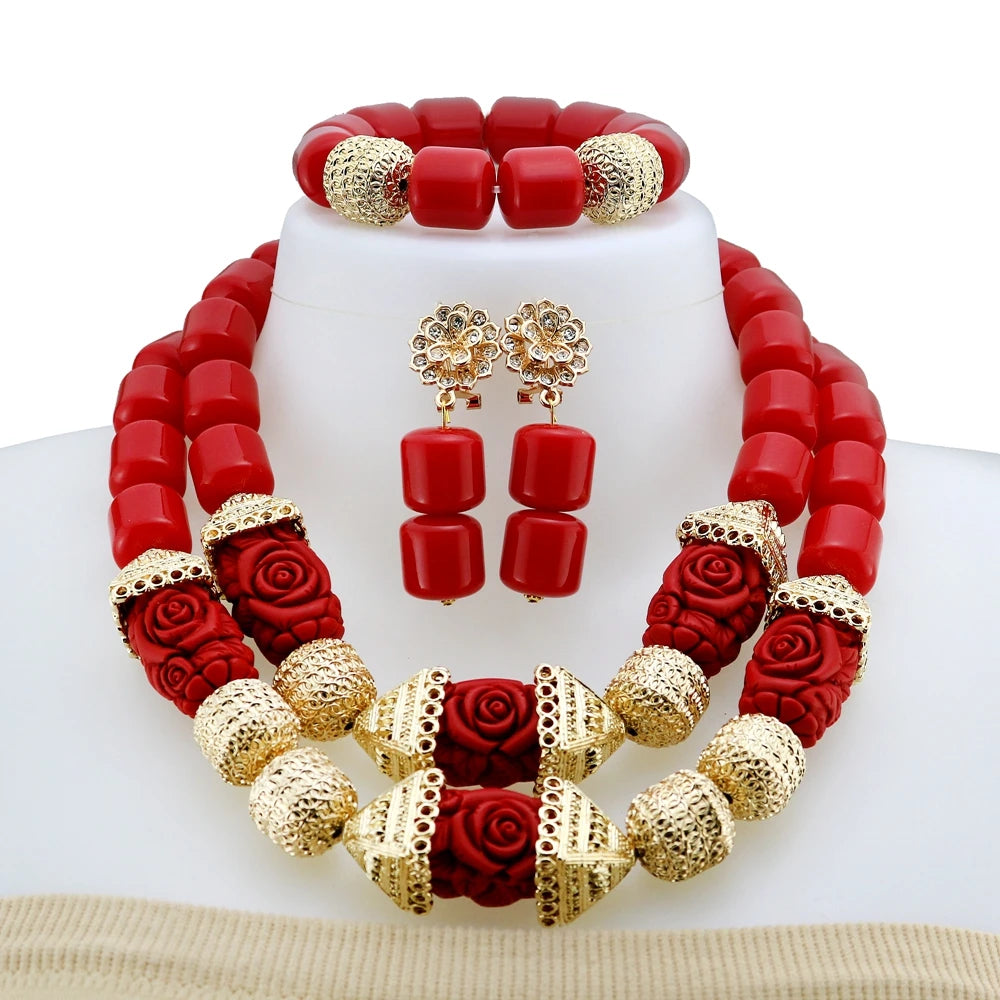 Zhuerrui Luxury Red Rose Carved Beaded Jewelry Set Nigerian Bridal Coral Necklace Earrings Set for Wedding Party YL1016