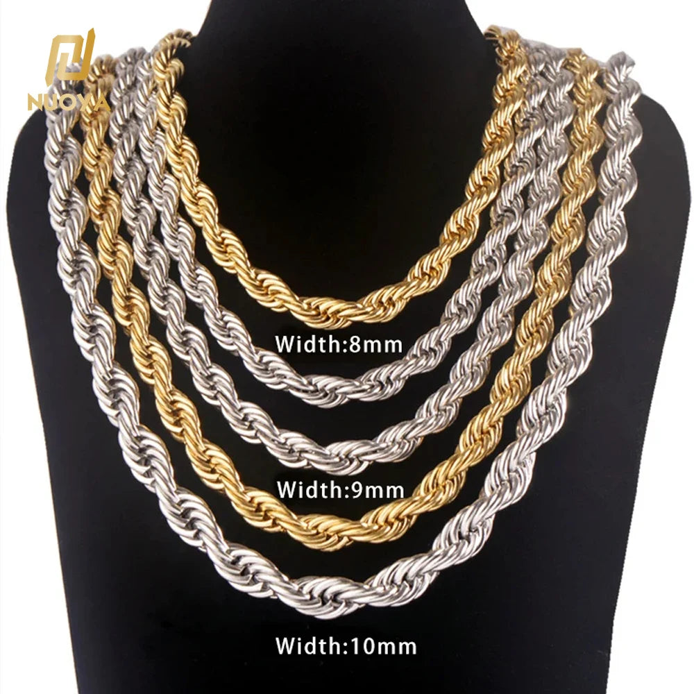REBEL NUOYA Fashion Jewelry 8mm 10mm Chunky Rope Chain Necklace 18K Gold Plated Stainless Steel Twisted Rope Chain
