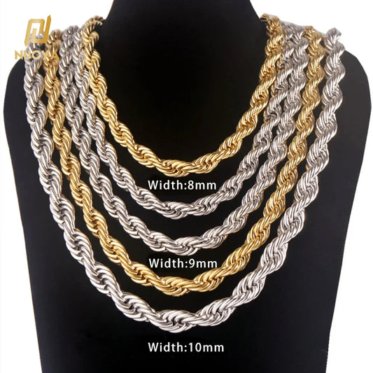 REBEL NUOYA Fashion Jewelry 8mm 10mm Chunky Rope Chain Necklace 18K Gold Plated Stainless Steel Twisted Rope Chain