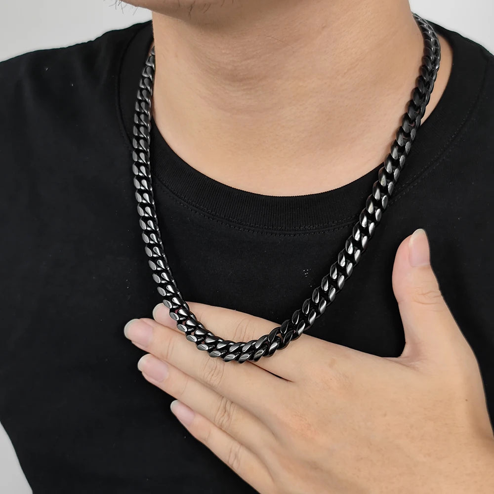 BiG-BOSS NUOYA 10MM Stainless Steel Black Plated Cuban Link Chain Men Gold Chains Hip Hop Style Miami Curb Necklace Custom Jewelry