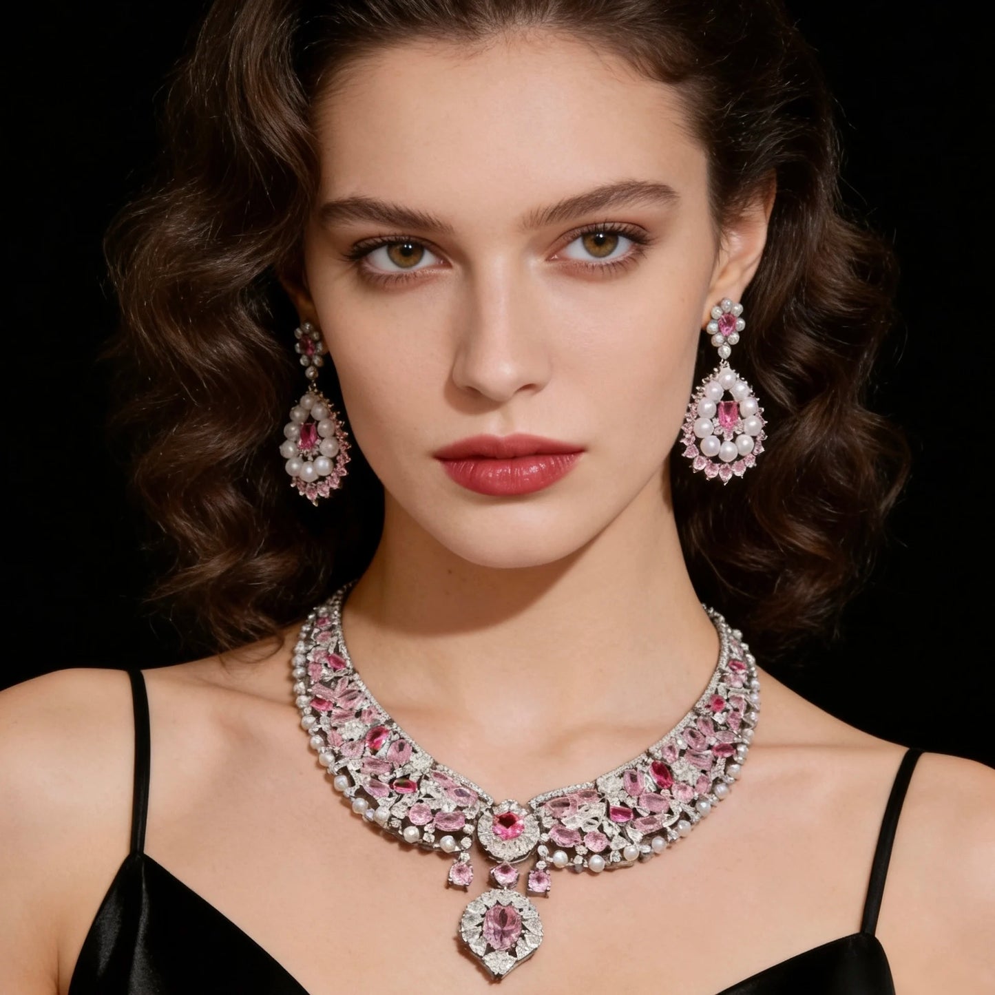 Bella Viva Luxury Pink Bridal Jewelry, Platinum Plated Brass & Cubic Zirconia Necklace and Earring Sets, for Wedding and Party