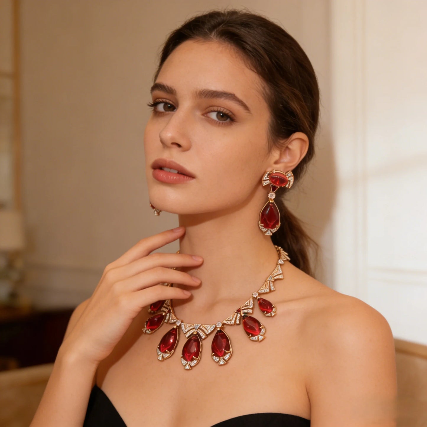 XM S162 Luxury Gold Tone Red Crystal Teardrop Jewelry Set for Women Wedding Party Formal Jewelry