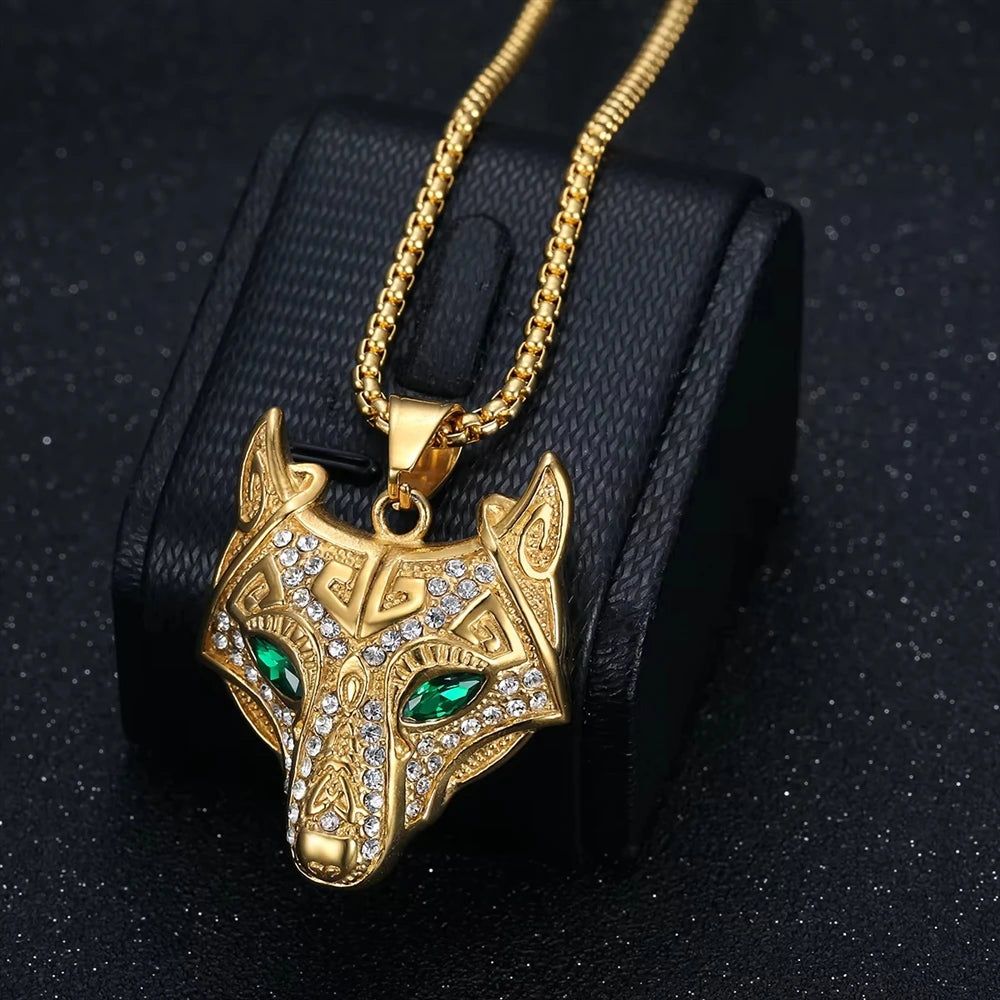 Hip Hop Iced Out Diamond Viking Celtic Wolf Stainless Steel Fine Fashion Jewelry Pendants Necklaces 18K Gold Plated Women