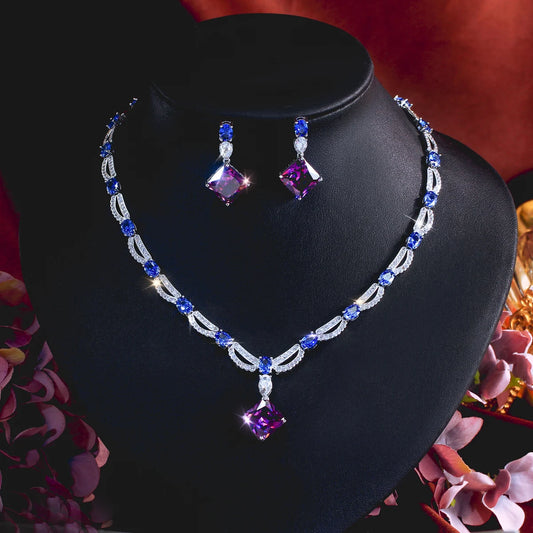 Rhodium Plated CZ Jewelry Set Cubic Zircon Blue Oval Purple Rhombus Dangle Drop Necklace Earrings Jewelry Set for Brides Wedding