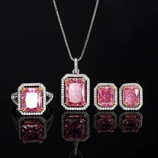 Gemfiori New Hot Selling Jewelry Ice Flower Cut Deep pink Copper Inlaid Zircon Fashionable Set Holiday Gift